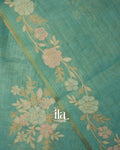 Sea Green Floral Printed and Embroidered Semi Linen Saree