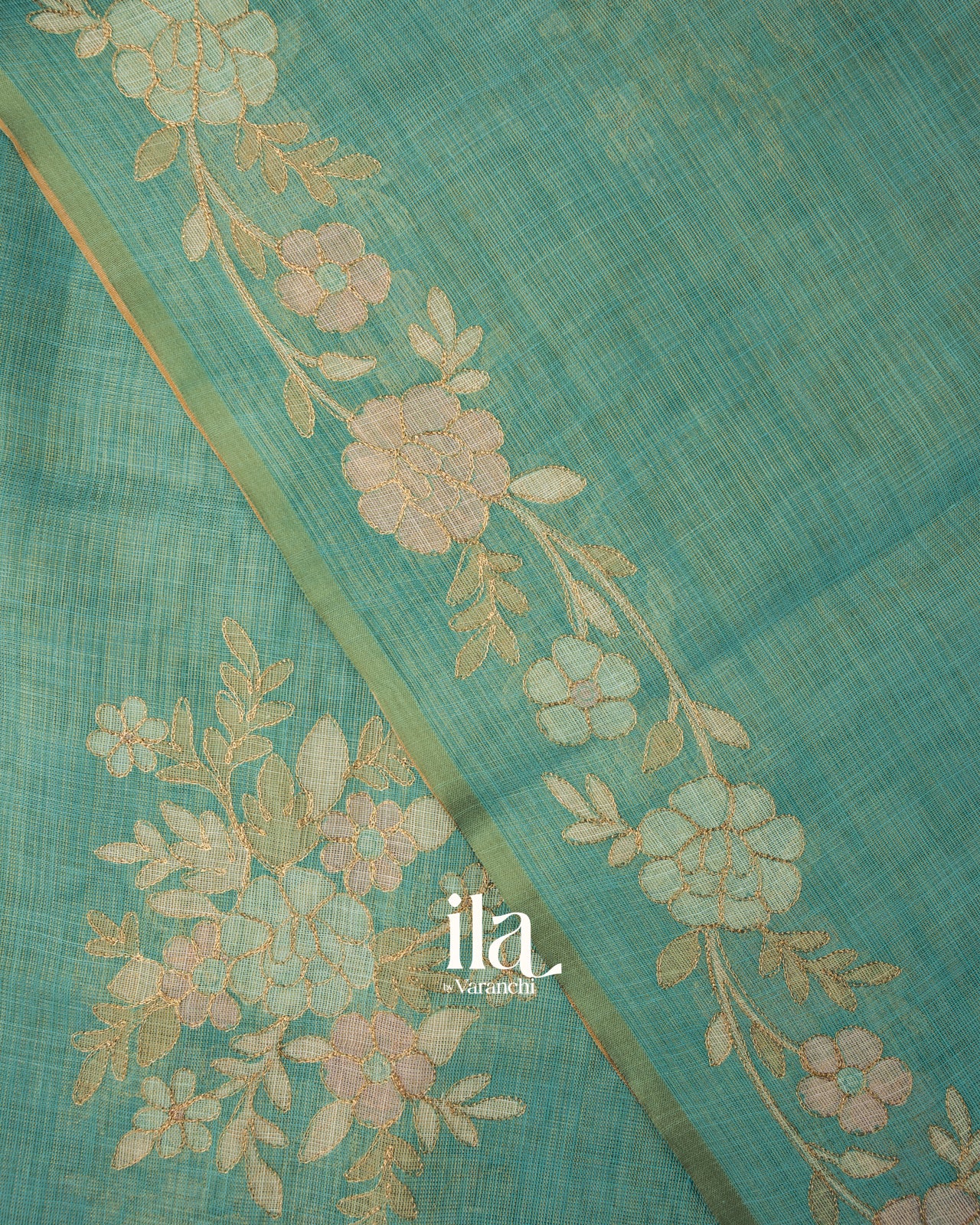 Sea Green Floral Printed and Embroidered Semi Linen Saree