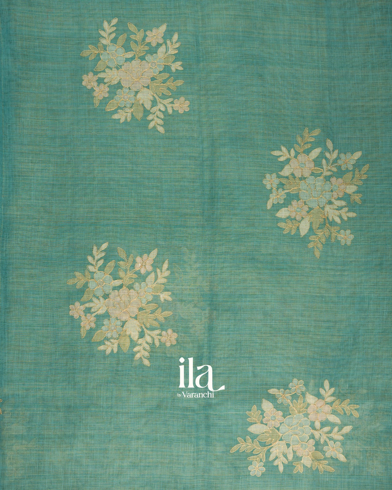 Sea Green Floral Printed and Embroidered Semi Linen Saree