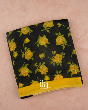 Black Floral Printed Semi Mangalgiri Saree