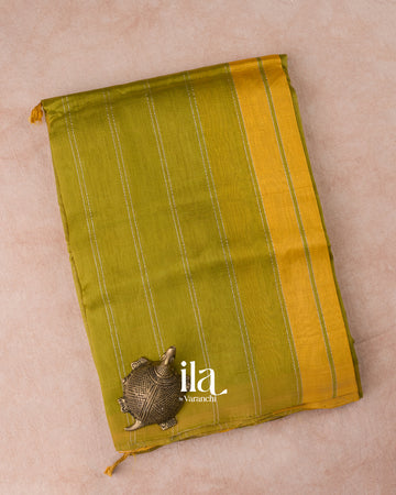 Olive Green Striped Semi Mangalgiri Silk Cotton Handloom Saree