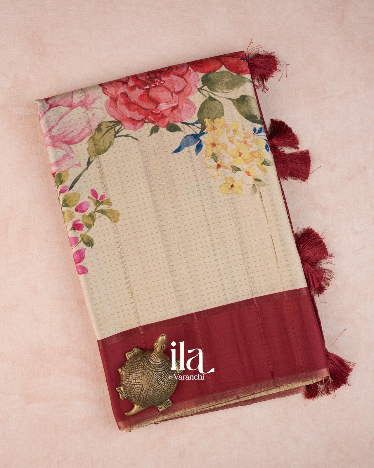 Cream Floral Printed Semi Tussar Saree