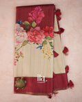 Cream Floral Printed Semi Tussar Saree