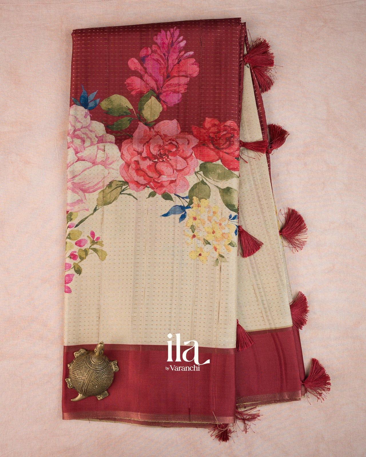 Cream Floral Printed Semi Tussar Saree