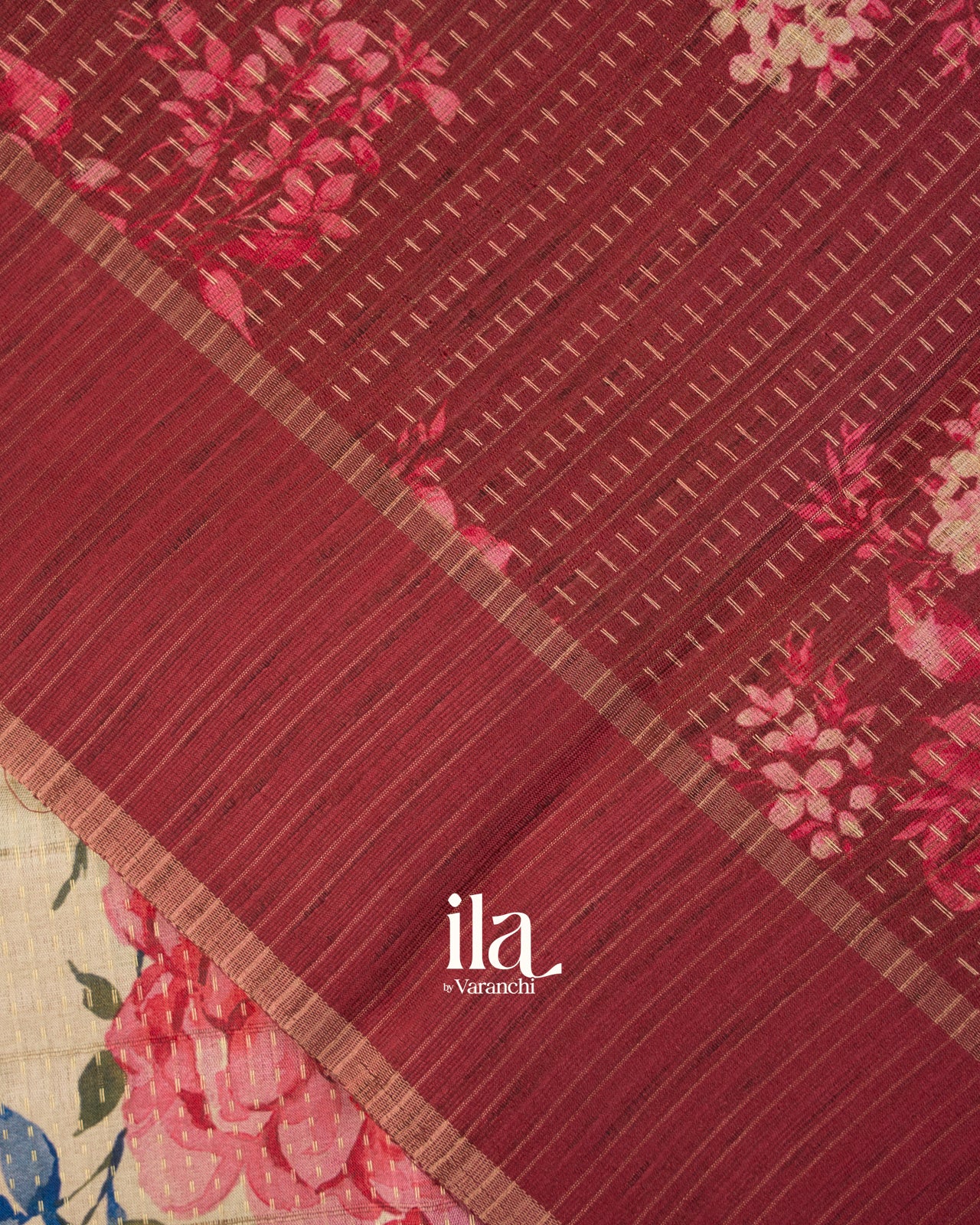 Cream Floral Printed Semi Tussar Saree