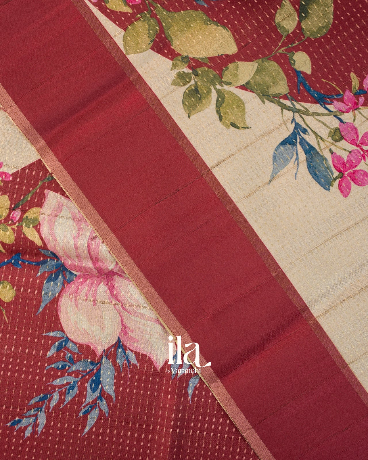 Cream Floral Printed Semi Tussar Saree