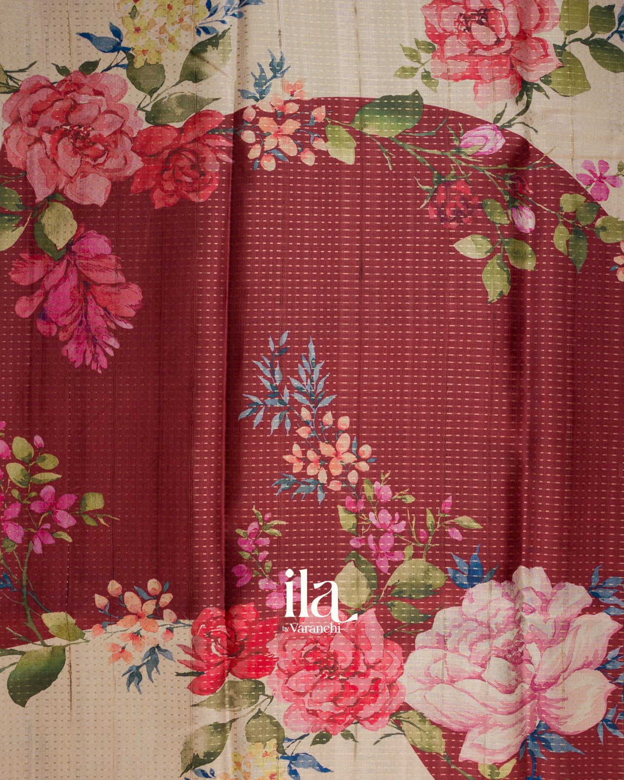 Cream Floral Printed Semi Tussar Saree