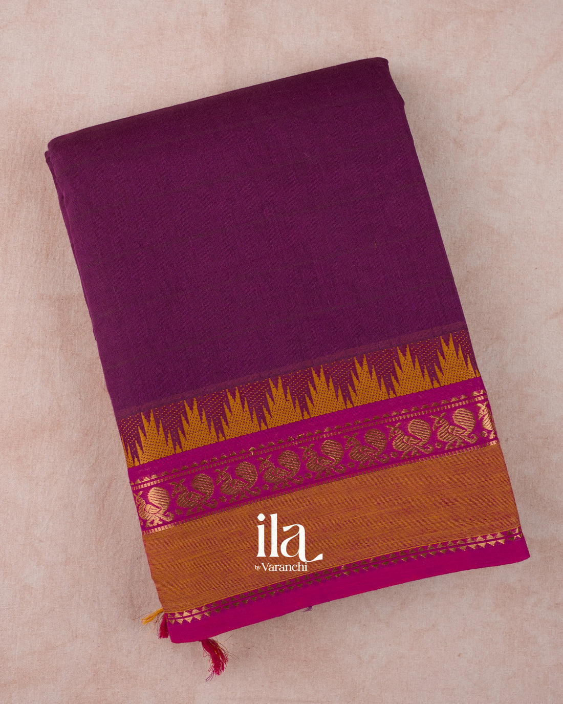 Deep Plum Temple Bordered Kanchipuram Cotton Saree