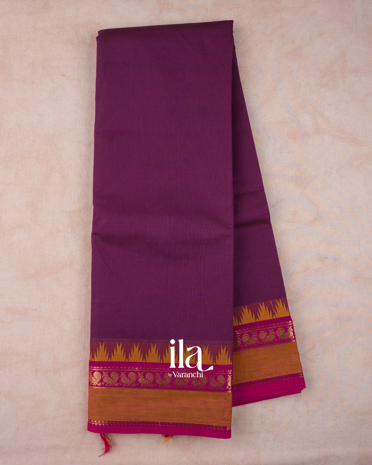 Deep Plum Temple Bordered Kanchipuram Cotton Saree