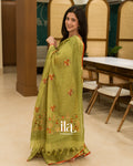 Olive Green Embroidered Linen Tissue Saree
