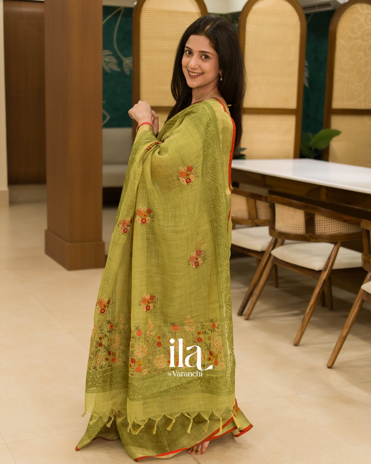 Olive Green Embroidered Linen Tissue Saree