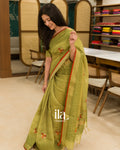 Olive Green Embroidered Linen Tissue Saree