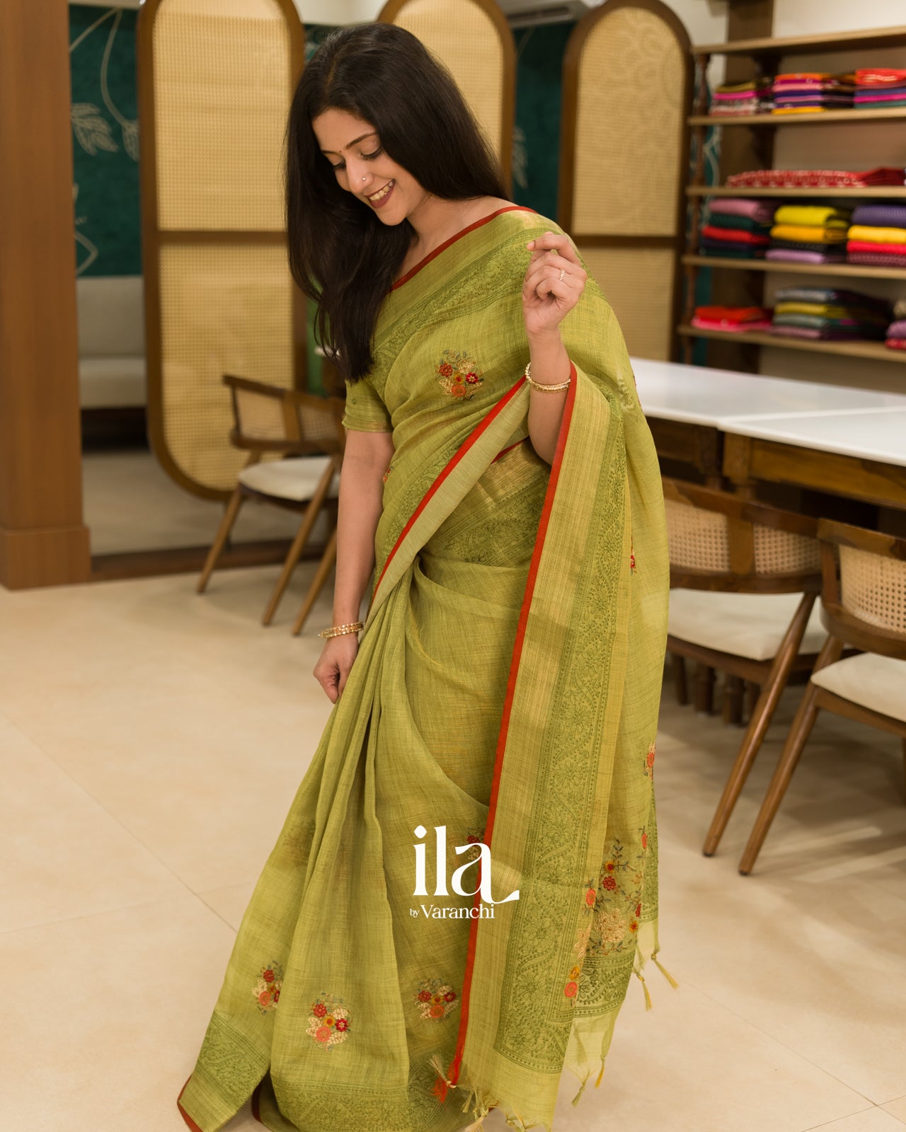 Olive Green Embroidered Linen Tissue Saree