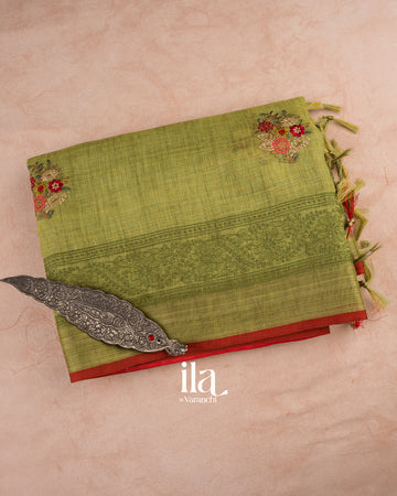 Olive Green Embroidered Semi Linen Tissue Saree