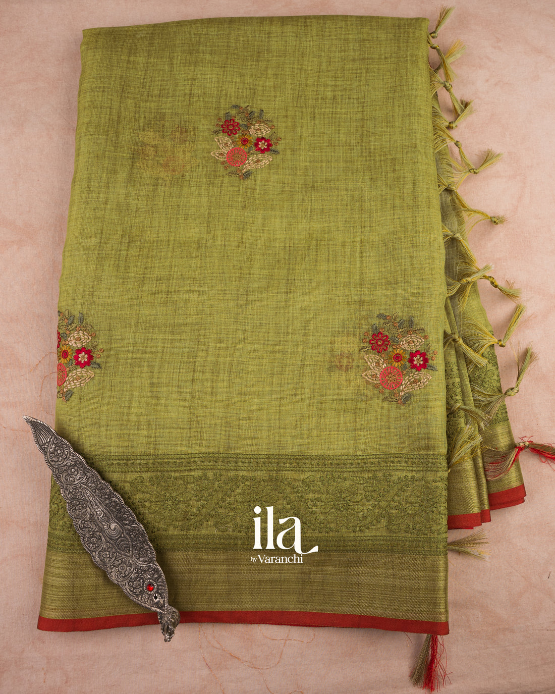 Olive Green Embroidered Linen Tissue Saree