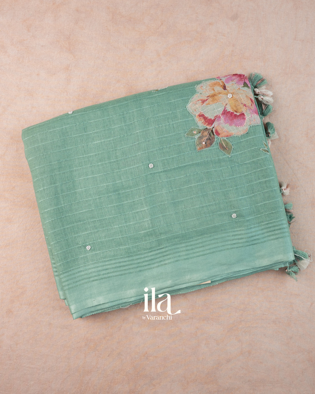 Pastel Blue Floral Applique Linen Saree