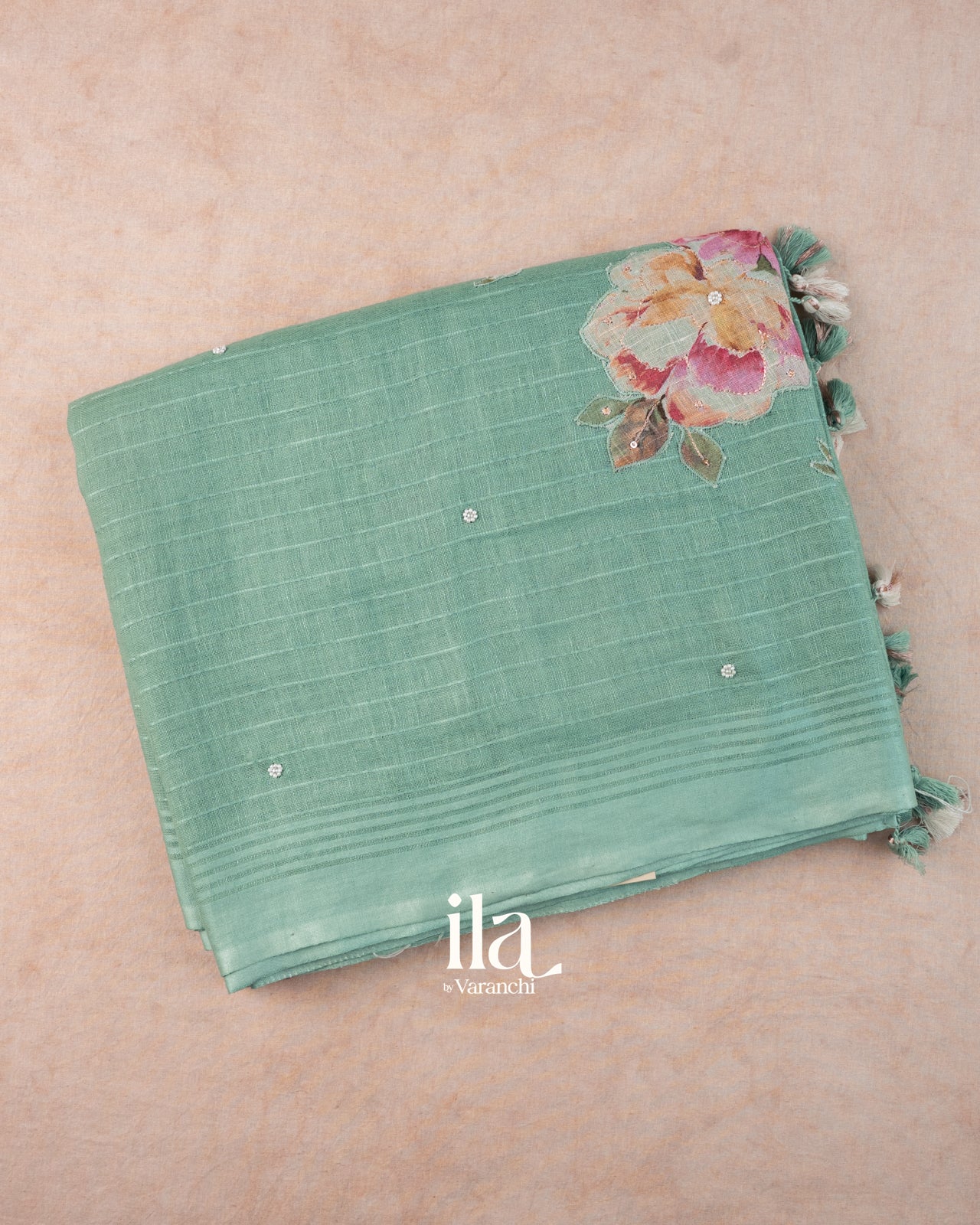 Pastel Blue Floral Applique Linen Saree