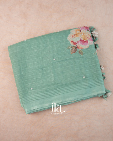 Pastel Blue Floral Applique Linen Saree