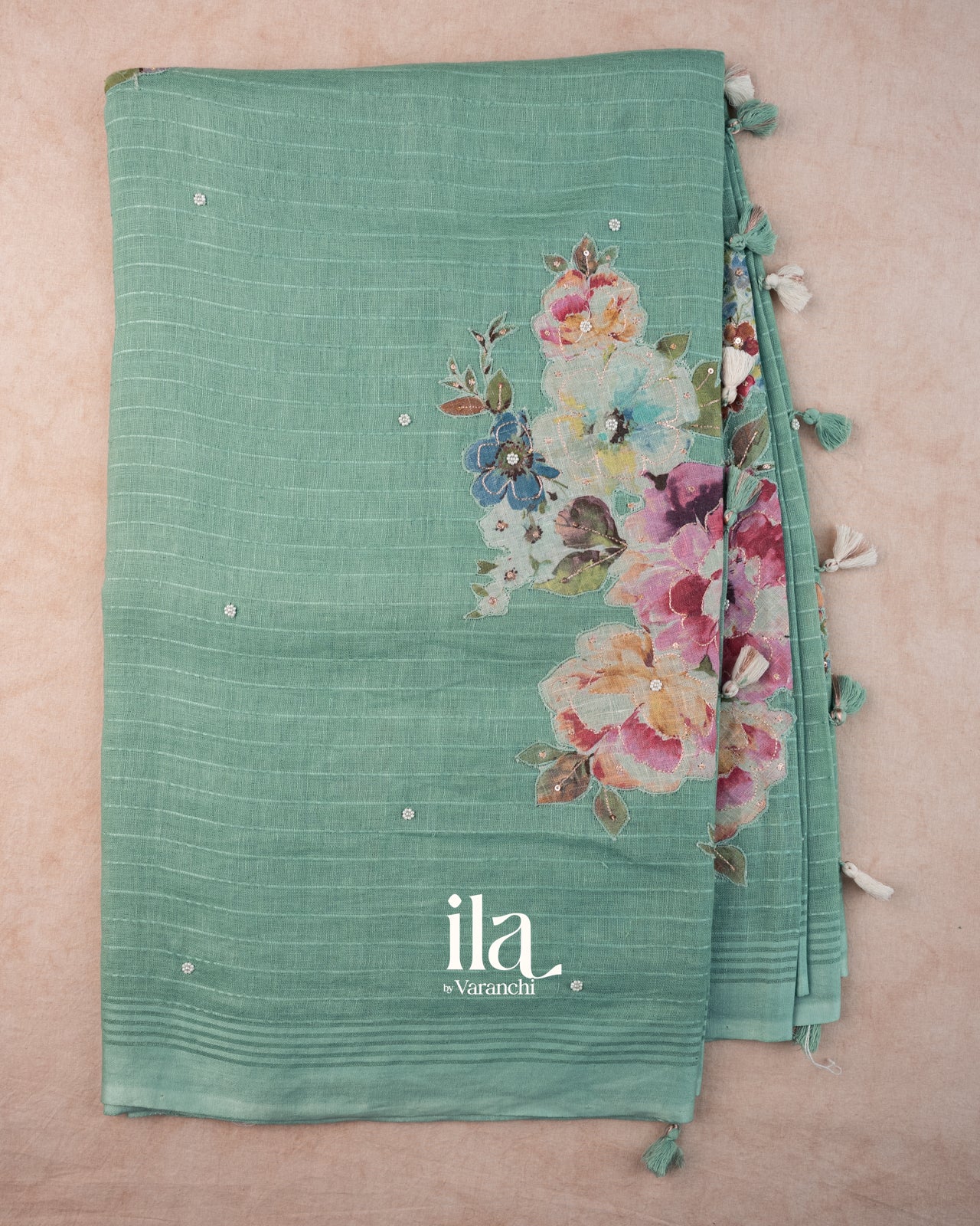 Pastel Blue Floral Applique Linen Saree