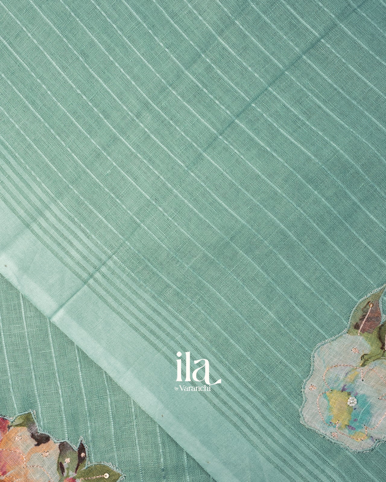 Pastel Blue Floral Applique Linen Saree