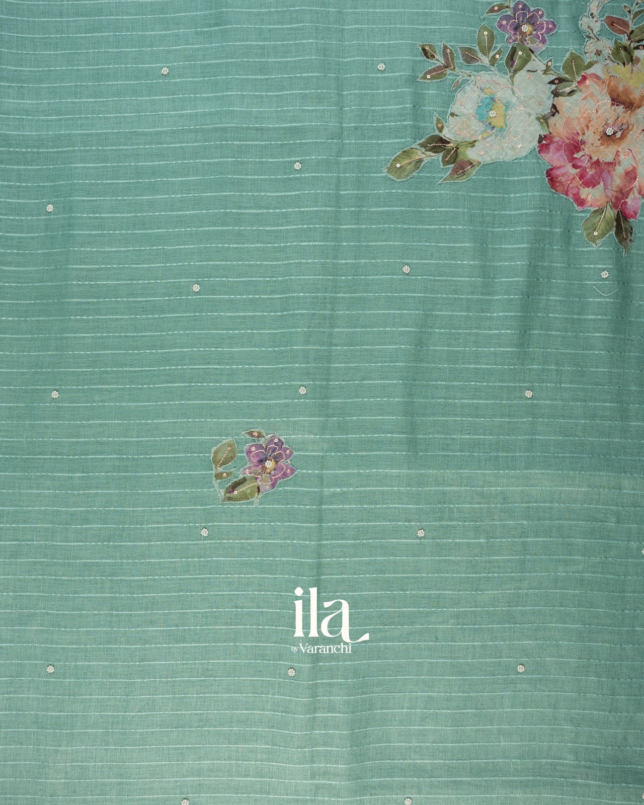 Pastel Blue Floral Applique Linen Saree