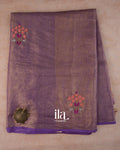 Violet Floral Embroidered Pure Linen Tissue Saree