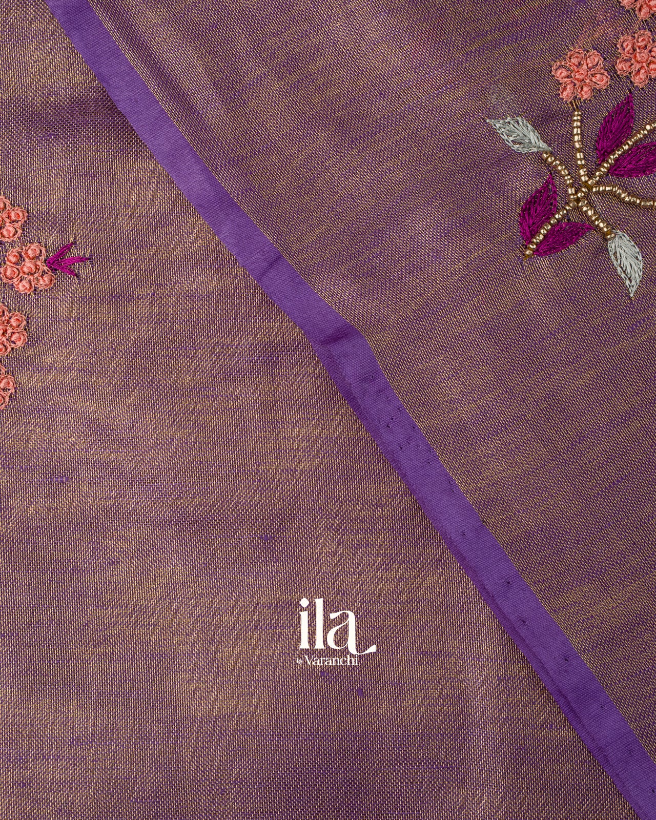 Violet Floral Embroidered Pure Linen Tissue Saree