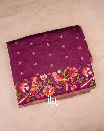 Deep Burgundy Embroidered Semi Kota Silk Saree