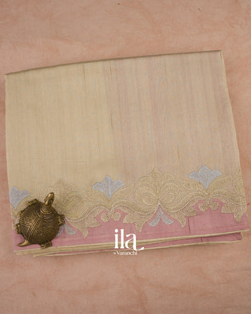 Ivory with Pastel Pink Border Semi Tussar Silk Saree