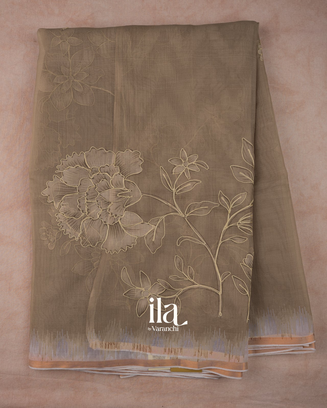 Chiku Brown Floral Semi Kora Saree