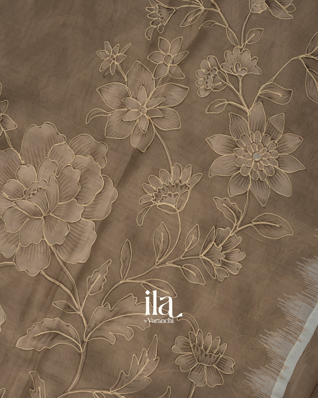 Chiku Brown Floral Semi Kora Saree