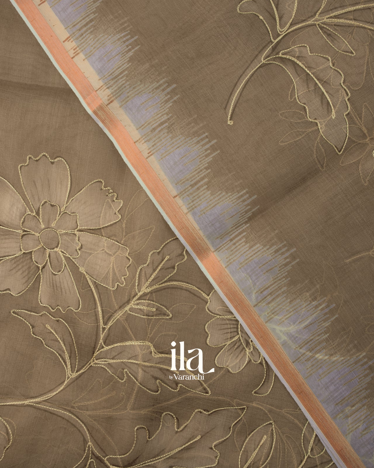 Chiku Brown Floral Semi Kora Saree