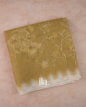 Mustard Yellow Floral Semi Kora Saree