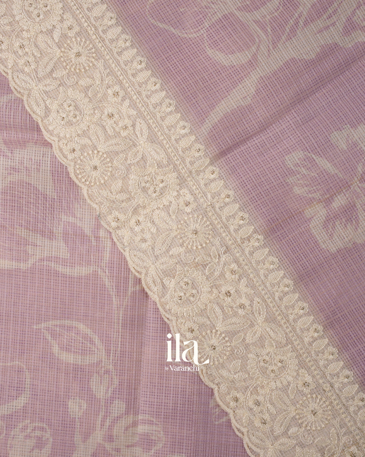 Lavender Floral Print and Embroidered Border Semi Kota Saree