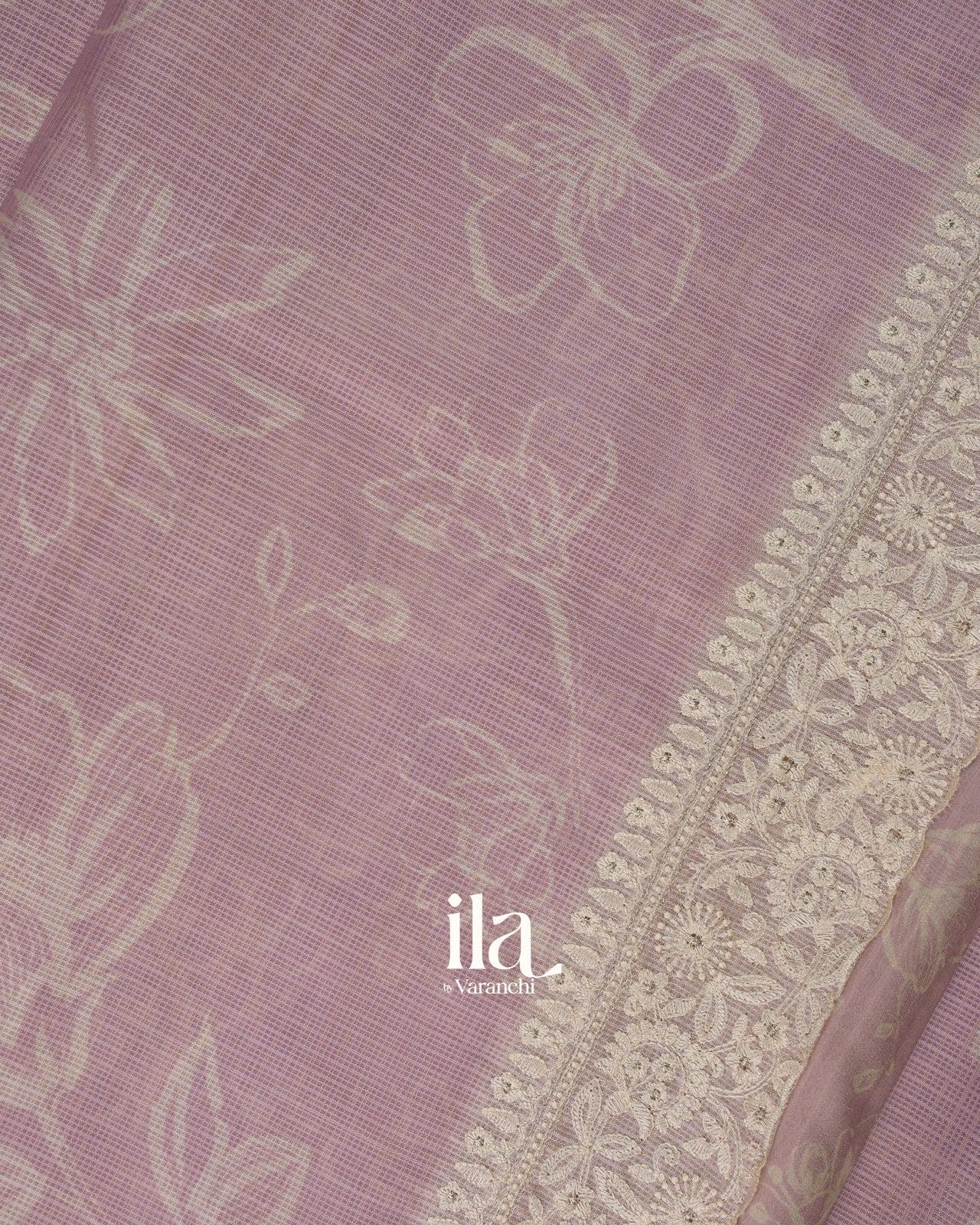 Lavender Floral Print and Embroidered Border Semi Kota Saree