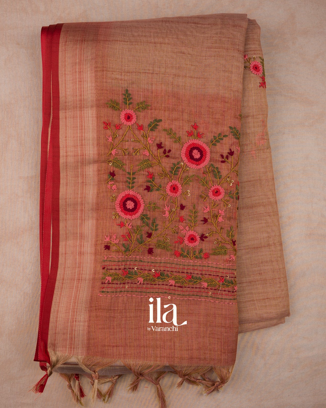 Dusty Rose Floral Embroidered Pure Semi Linen Saree