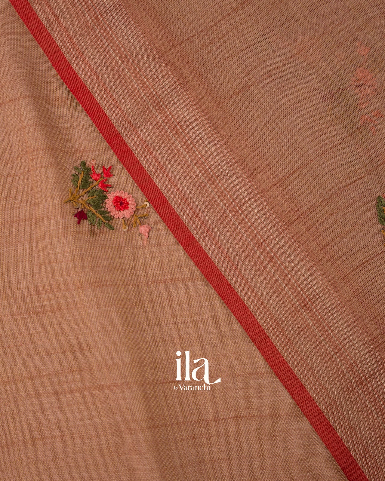 Dusty Rose Floral Embroidered Pure Semi Linen Saree