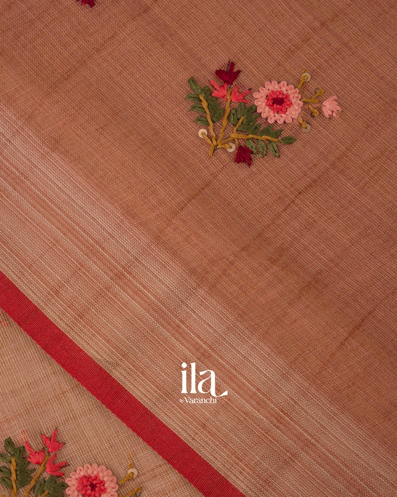 Dusty Rose Floral Embroidered Pure Semi Linen Saree