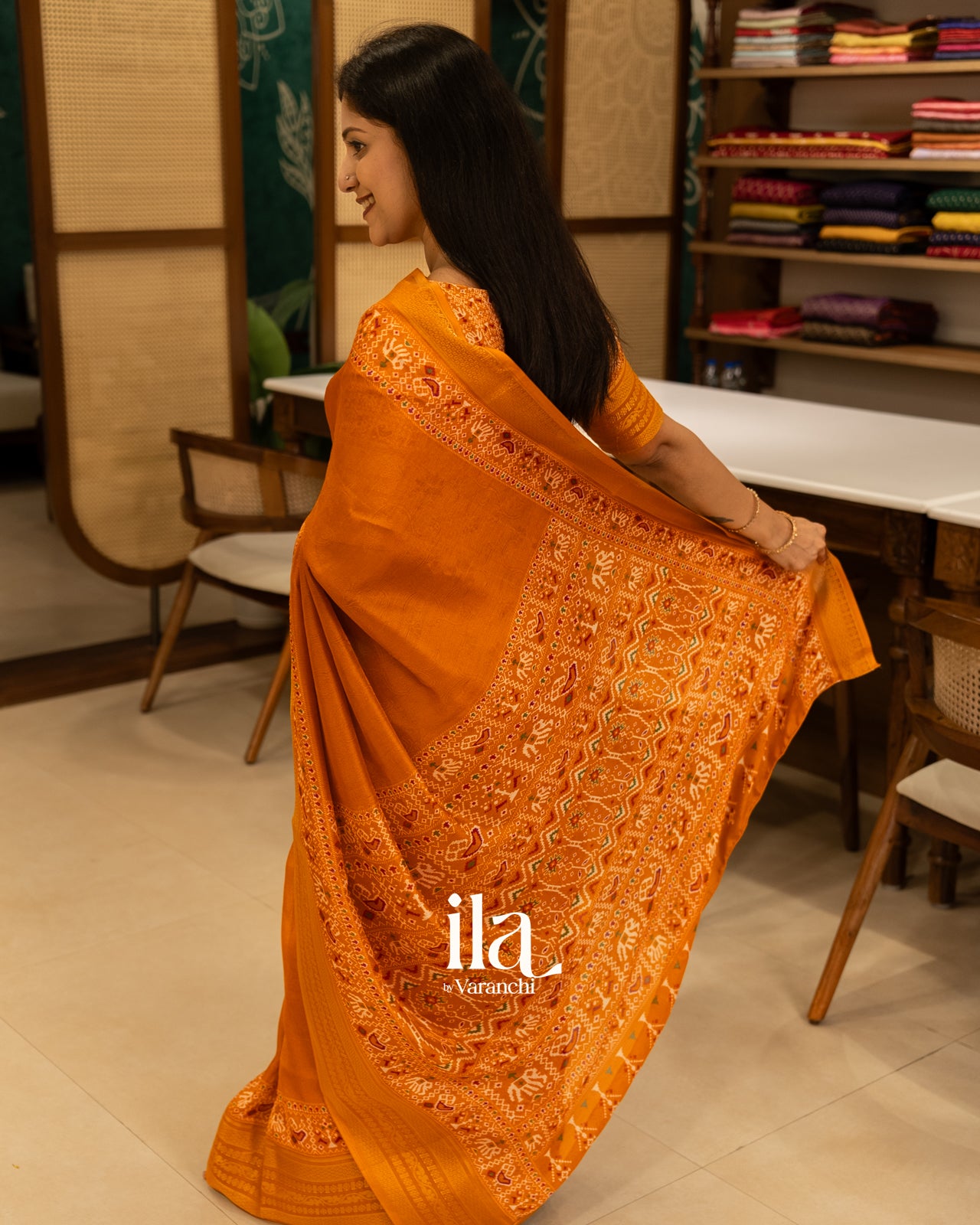 Mustard Yellow Ajrakh Printed Semi Silk Saree