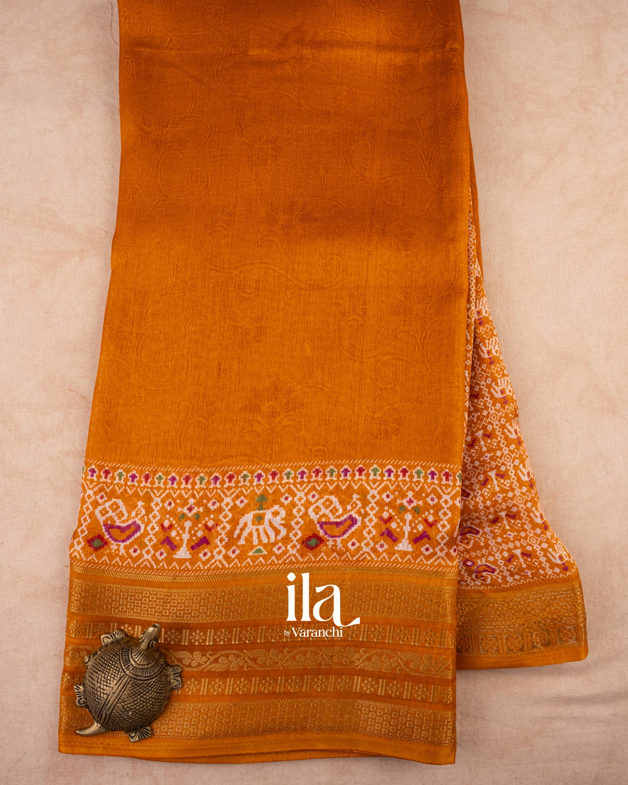 Mustard Yellow Ajrakh Printed Semi Silk Saree