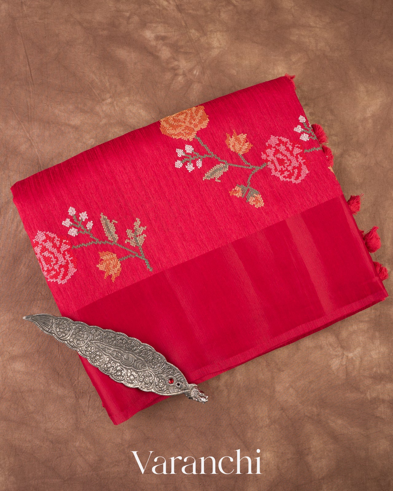 Pinkish Red Semi Tussar Silk Saree