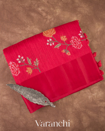 Pinkish Red Semi Tussar Silk Saree