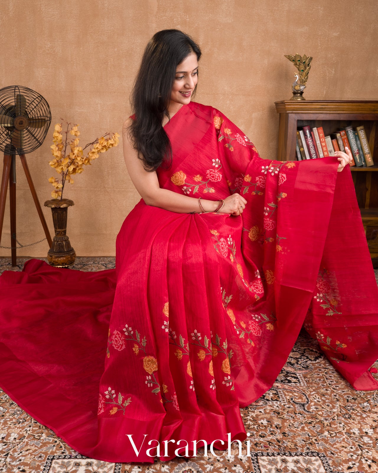 Pinkish Red Semi Tussar Silk Saree