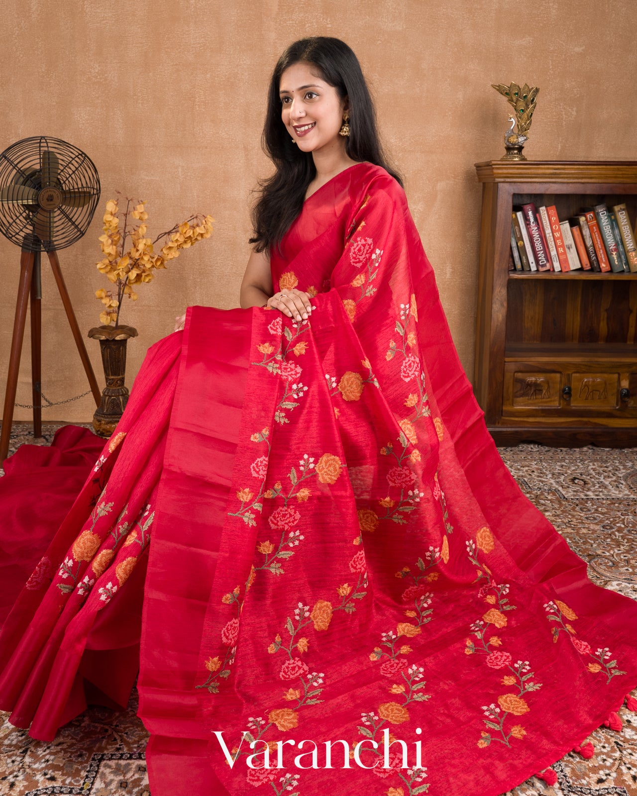 Pinkish Red Semi Tussar Silk Saree