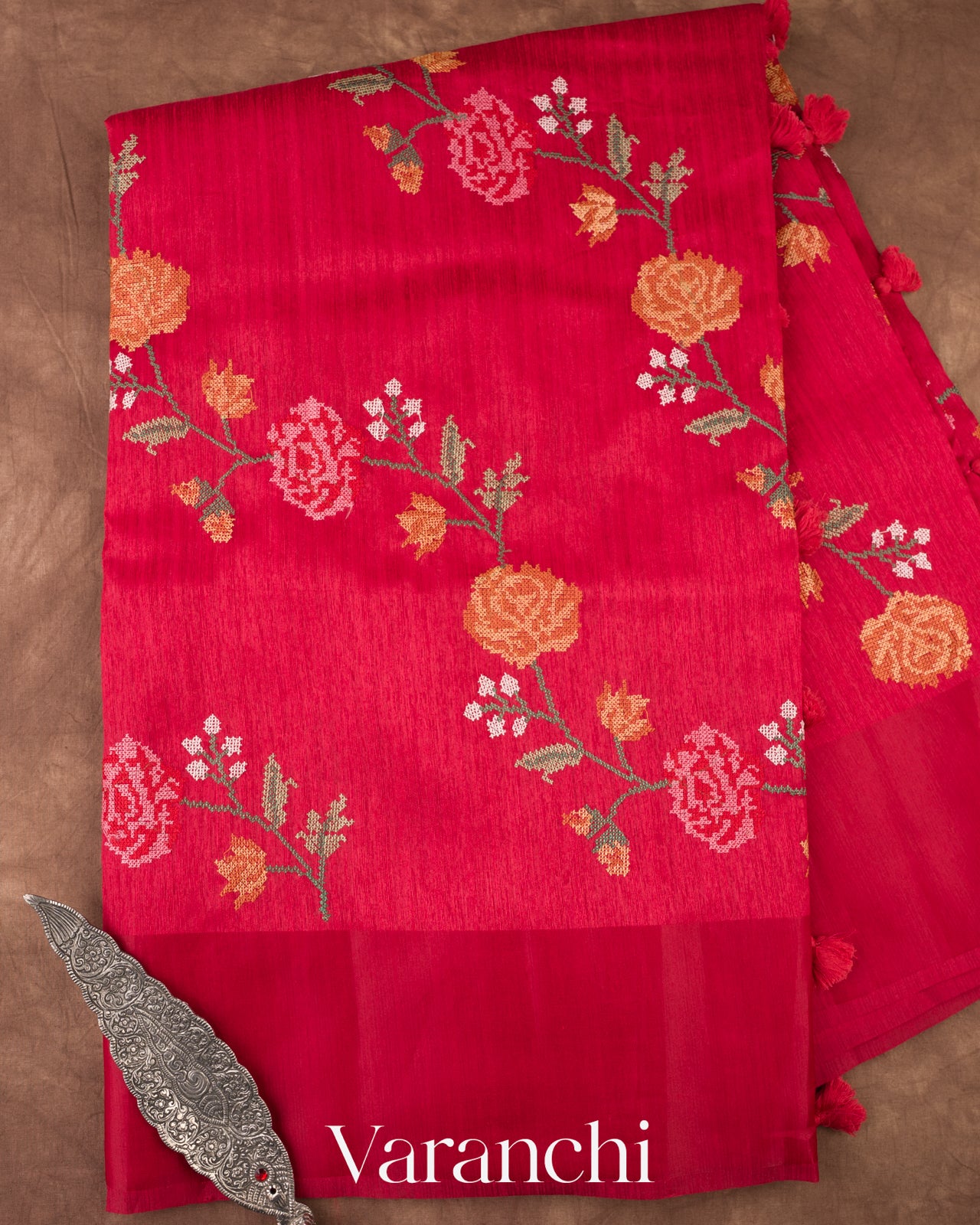Pinkish Red Semi Tussar Silk Saree