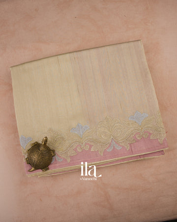 Ivory with Pastel Pink Border Semi Tussar Silk Saree