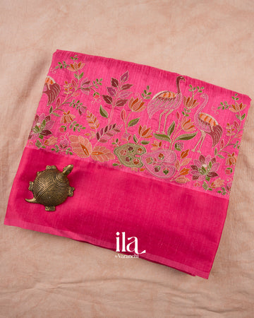 Rani Pink Embroidered Semi Tussar Silk Saree
