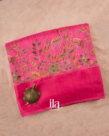 Rani Pink Embroidered Semi Tussar Silk Saree