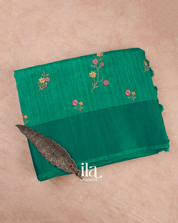 Emerald Green Embroidered Semi Tussar Silk Saree