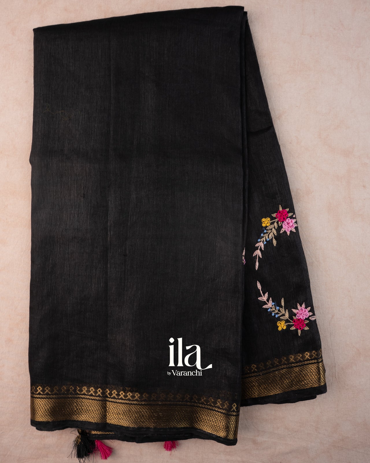 Black Floral French Knot Embroidered Semi Linen Saree
